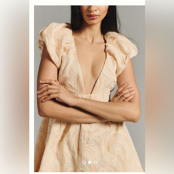 Anthropologie Deep-V Puff-Sleeve Dress Size 12 Peach - Picture 2 of 3